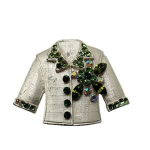 Vintage Rhinestone Jacket Brooch Green Crystal Sweater Pin Figural